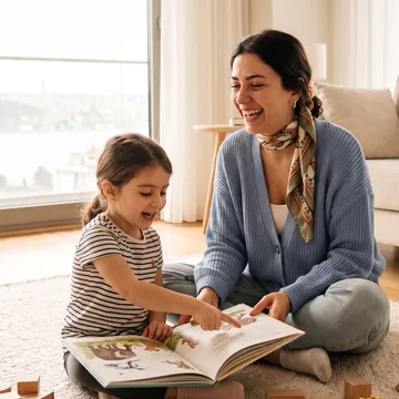 Çocuk bakıcısı küçük bir kızla kitap okuyor