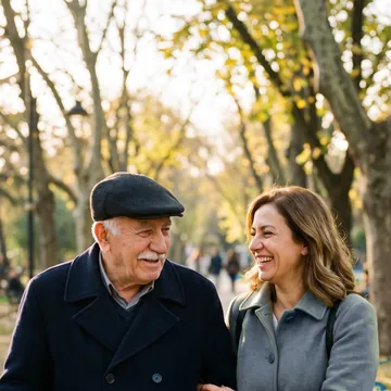 Yaşlı bakıcı, yaşlı bir adamla parkta yürüyor