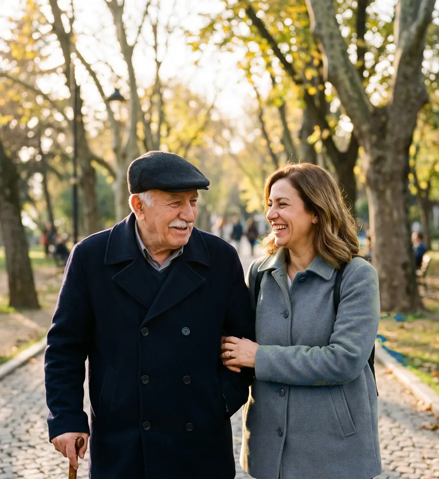 Yaşlı bakıcı, bastonlu yaşlı bir adamla parkta yürüyor